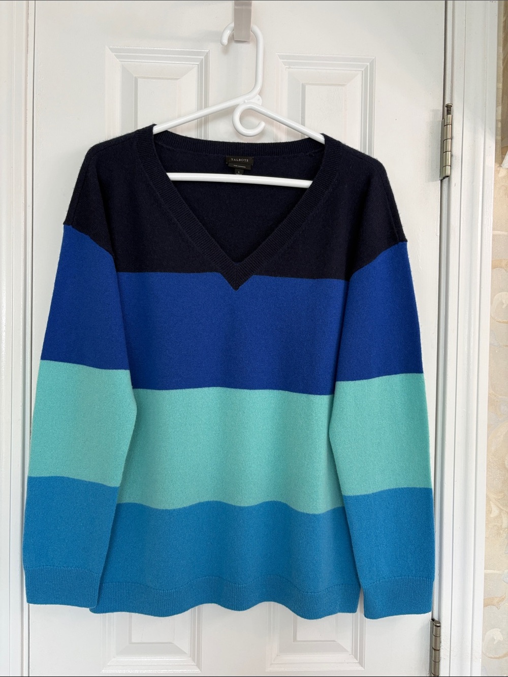 Talbots Cashmere V-Neck Bold Stripe Sweater in Navy and Shades of Blue